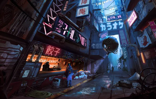Night, The city, Future, Robot, Neon, People, Street, Bar
