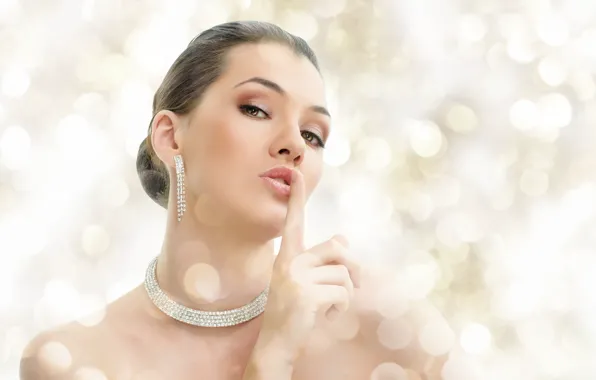 Picture look, girl, earrings, necklace, bracelet, brown hair