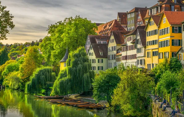 Picture trees, river, boat, people, home, Germany, Tuebingen