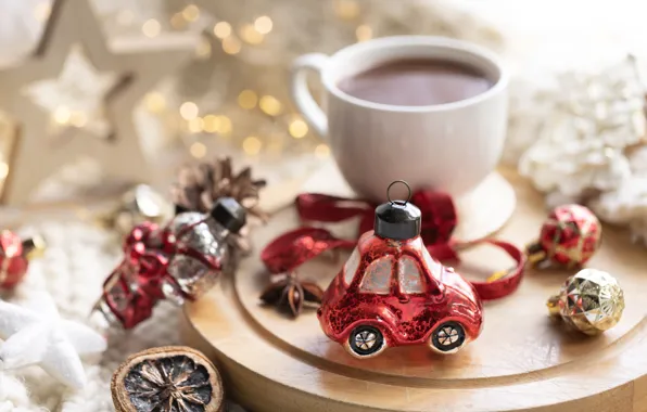 Balls, toy, Christmas, mug, New year, drink, machine, bokeh