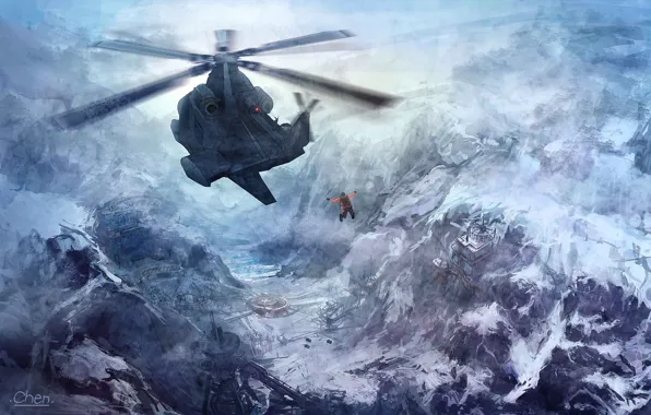 Snow, flight, mountains, people, art, base, helicopter, Richard Chen