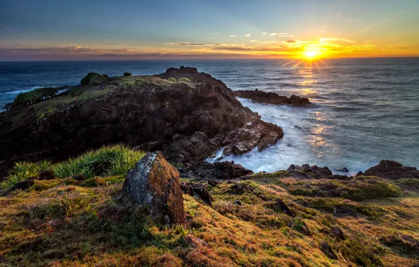 Picture sea, the sky, the sun, rays, sunset, coast, horizon, Australia
