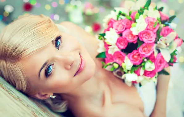 Picture look, girl, flowers, smile, mood, hairstyle, blonde, the bride