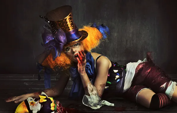 Look, girl, tape, blood, hat, doll, bow, coloring
