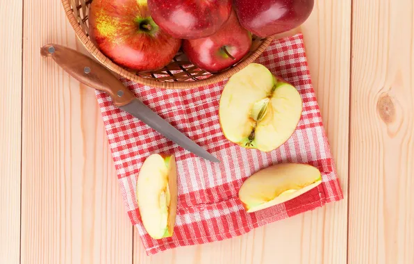 Picture fruit, knife, slices, napkin, red apples