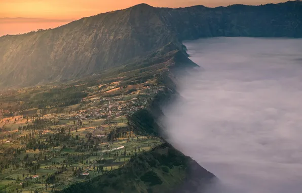 Clouds, landscape, mountains, the city, haze