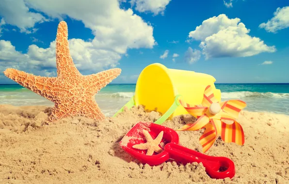 Picture sand, sea, beach, the sky, clouds, bucket, starfish, beach