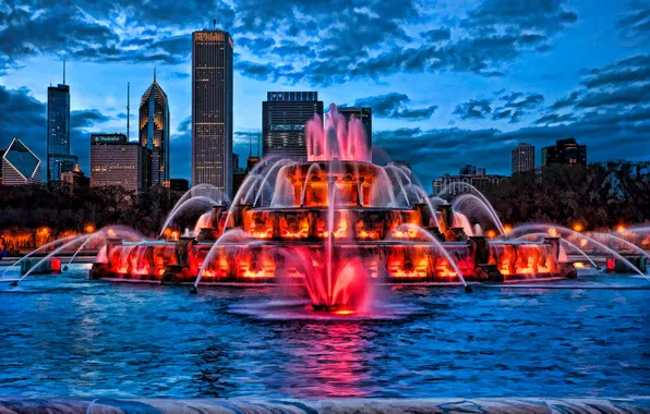 The sky, clouds, night, lights, skyscraper, backlight, fountain, Chicago