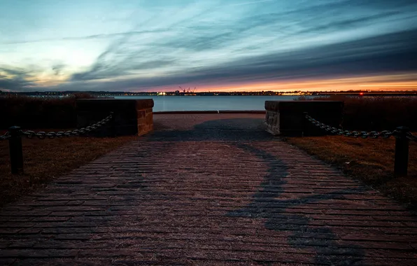 Picture sunset, Bay, promenade