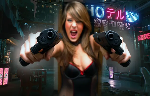 Girl, game, weapons, rage, corset, gun, cyberpunk, cyberpunk