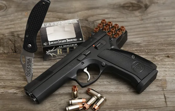 Gun, knife, cartridges, CZ 97B