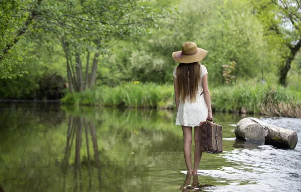 Picture girl, river, mood, suitcase