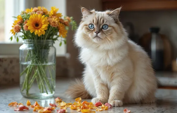 Cat, white, cat, look, flowers, pose, bouquet, yellow