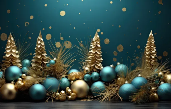 Balls, green, Christmas, New year, green background, gold, side, Christmas decorations