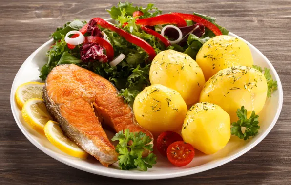 Picture lemon, salad, salmon, potatoes