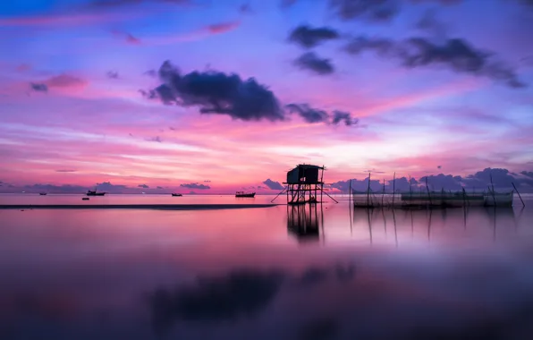 Sea, the sky, clouds, sunset, network, reflection, design, boats