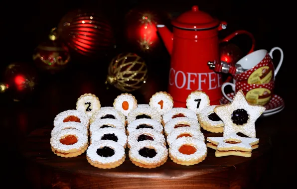 Balls, coffee, cookies, New year, Christmas, cakes, background, jam