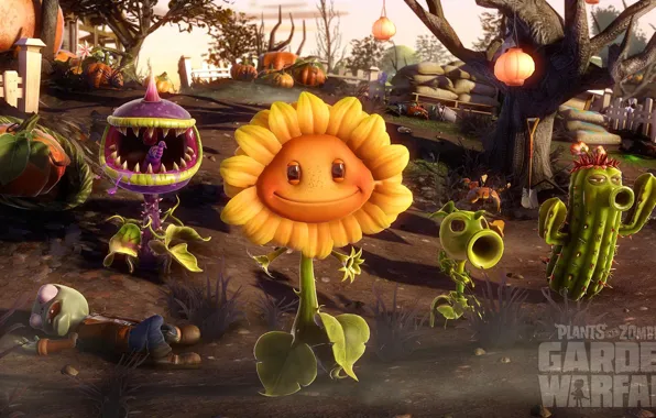 War, sunflower, plants, cactus, zombies, pumpkin, zombies, invasion