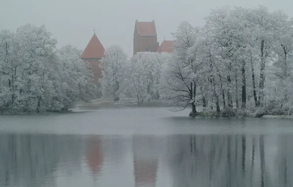 Picture snow, trees, lake, Winter, fortress