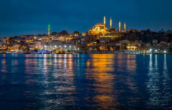 Picture the city, Strait, the evening, lighting, mosque, Istanbul, Turkey, The Bosphorus