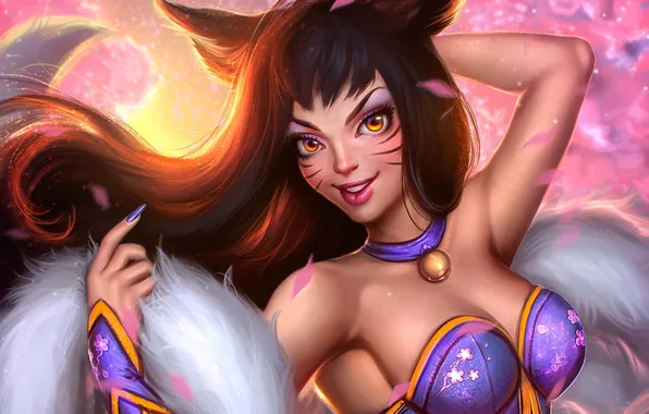 Chest, girl, face, smile, Fox, Fox, League of Legends, ahri