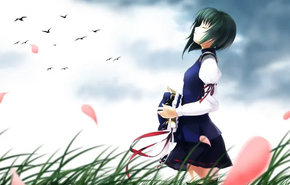 Picture girl, birds, the wind, anime, petals