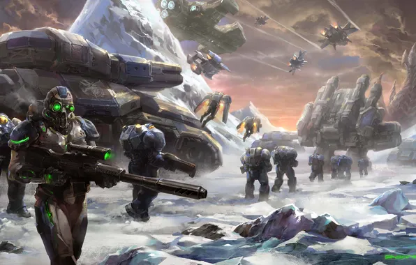 Picture snow, weapons, rocks, transport, planet, ships, war, art