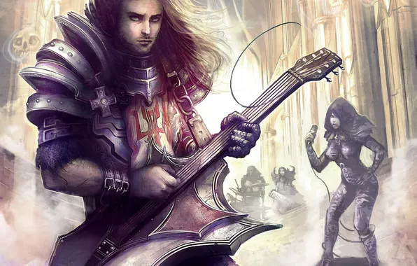 Picture girl, music, guitar, microphone, guy, Diablo III, fan art, demon hunter