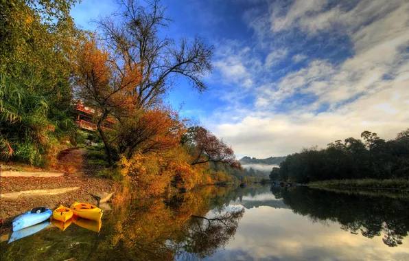 Autumn, the sky, clouds, trees, mountains, river, boat, USA