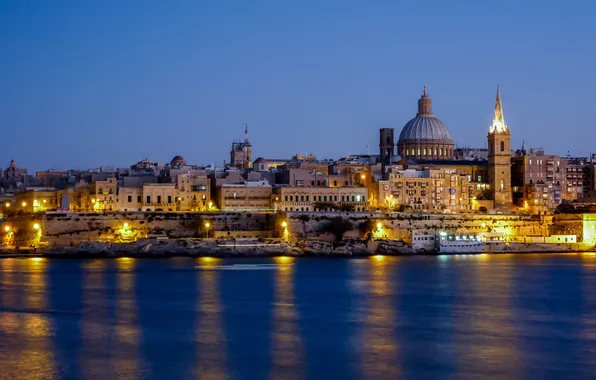 The sky, night, the city, lights, reflection, mirror, Malta, Valletta