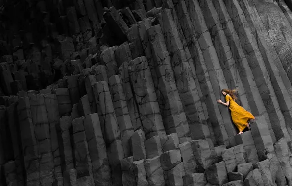 Girl, rocks, black, dress, in yellow