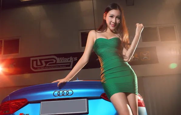 Look, girl, Audi, Asian, beautiful girl, blue auto, beautiful dress