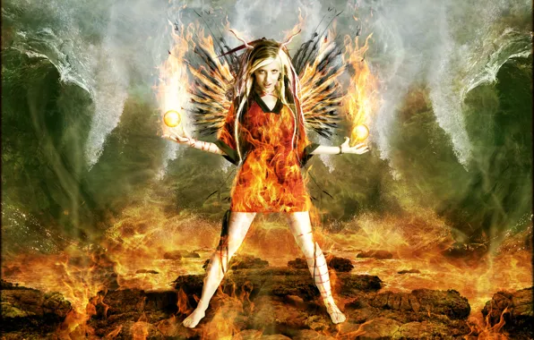 Wave, girl, balls, fire, horns, Digital Art, brandrificus, the fiery angel
