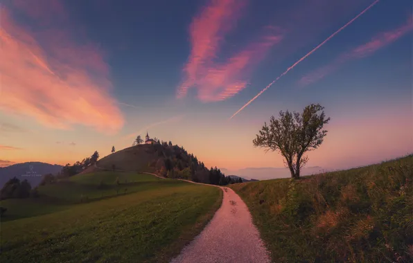 Grass, clouds, sunset, tree, mountain, hill, Church