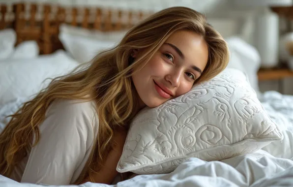 Girl, smile, bed, morning, blonde, bed, lies, pillow