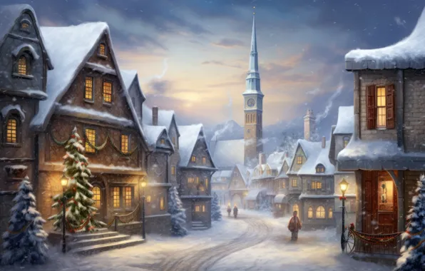 Winter, snow, the city, house, building, home, Christmas, New year
