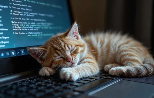 Cat, computer, pose, the dark background, kitty, sleep, legs, red