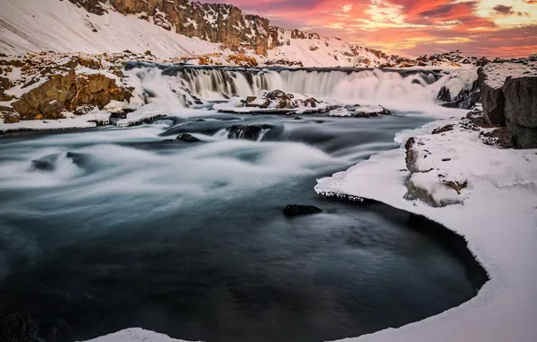 Winter, snow, sunset, mountains, river, waterfall, Iceland