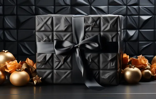 Balls, flowers, the dark background, box, gift, black, roses, squares