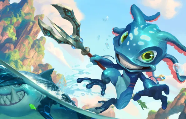 Sea, rocks, shark, being, Trident, Fizz, Legends of Runeterra