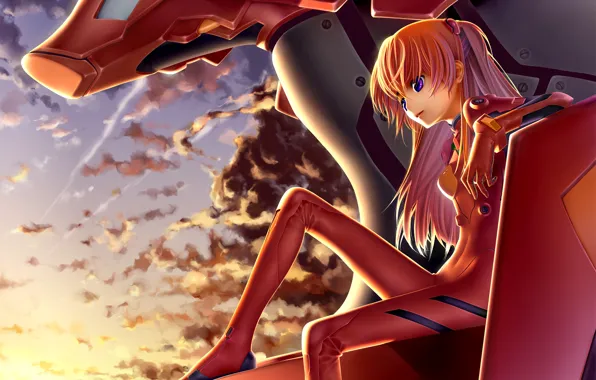 Girl, clouds, sunset, costume, neon genesis evangelion, soryu asuka