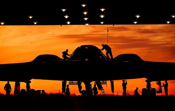 Sunset, hangar, bomber, silhouettes, strategic, unobtrusive, equipment, training