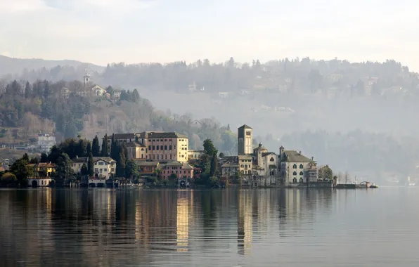 Picture lake, island, home, Italy, haze, Orta San Giulio, ORT