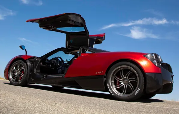 Picture the sky, red, door, supercar, Pagani, rear view, Pagani, To huayr