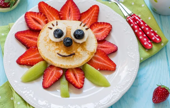 Berries, kiwi, blueberries, strawberry, plate, smile, pancakes, strawberry