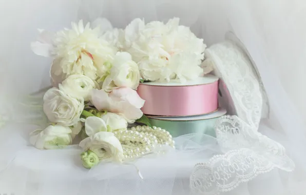 Picture flowers, style, tape, bouquet, beads, veil, lace
