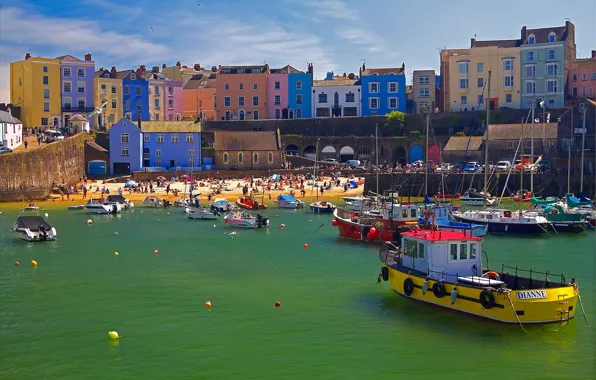 Home, boats, harbour, Wales, Tenby
