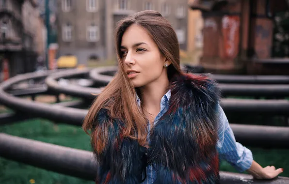Model, portrait, makeup, hairstyle, fur, shirt, brown hair, beauty