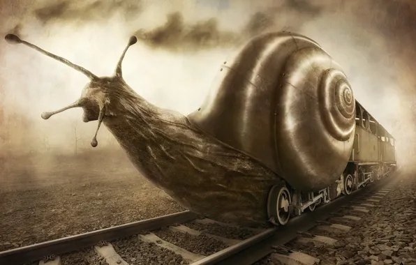Picture fantasy, train, snail, humor, art, rail