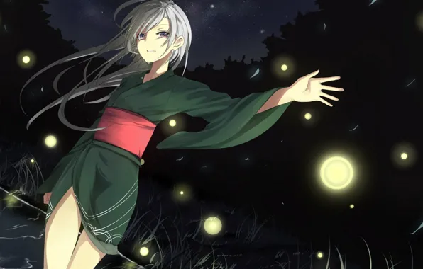 Picture girl, night, river, fireflies, anime, lights, art, kimono